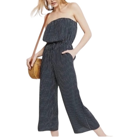 ABERCROMBIE & FITCH Navy Blue White Pinstripe Strapless Wide Leg Jumpsuit Size S - Picture 1 of 16